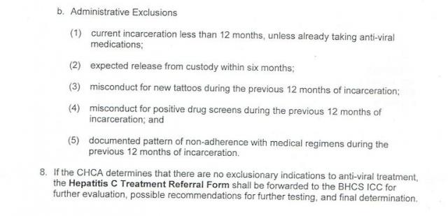 Section of the Pennsylvania DOC's treatment protocol detailing administrative reasons for denying Hep-C medical treatment to prisoners